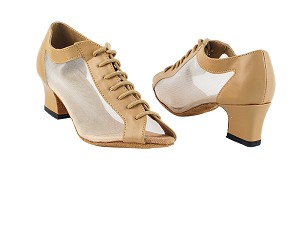 1643 157 Beige Brown Leather_Flesh Mesh with 2" Thick Cuban Heel in the photo 
