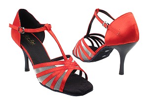 16612 112 Red Satin_Flesh Mesh_3_slim with 3" Slim Black Plated Heel in the photo 