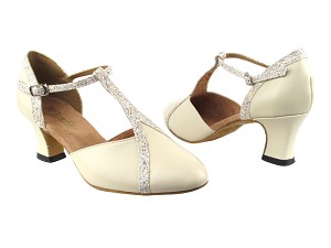 9625 Creamy White Leather_142 Brown Trim with 2.2" Thick Cuban Heel in the photo 